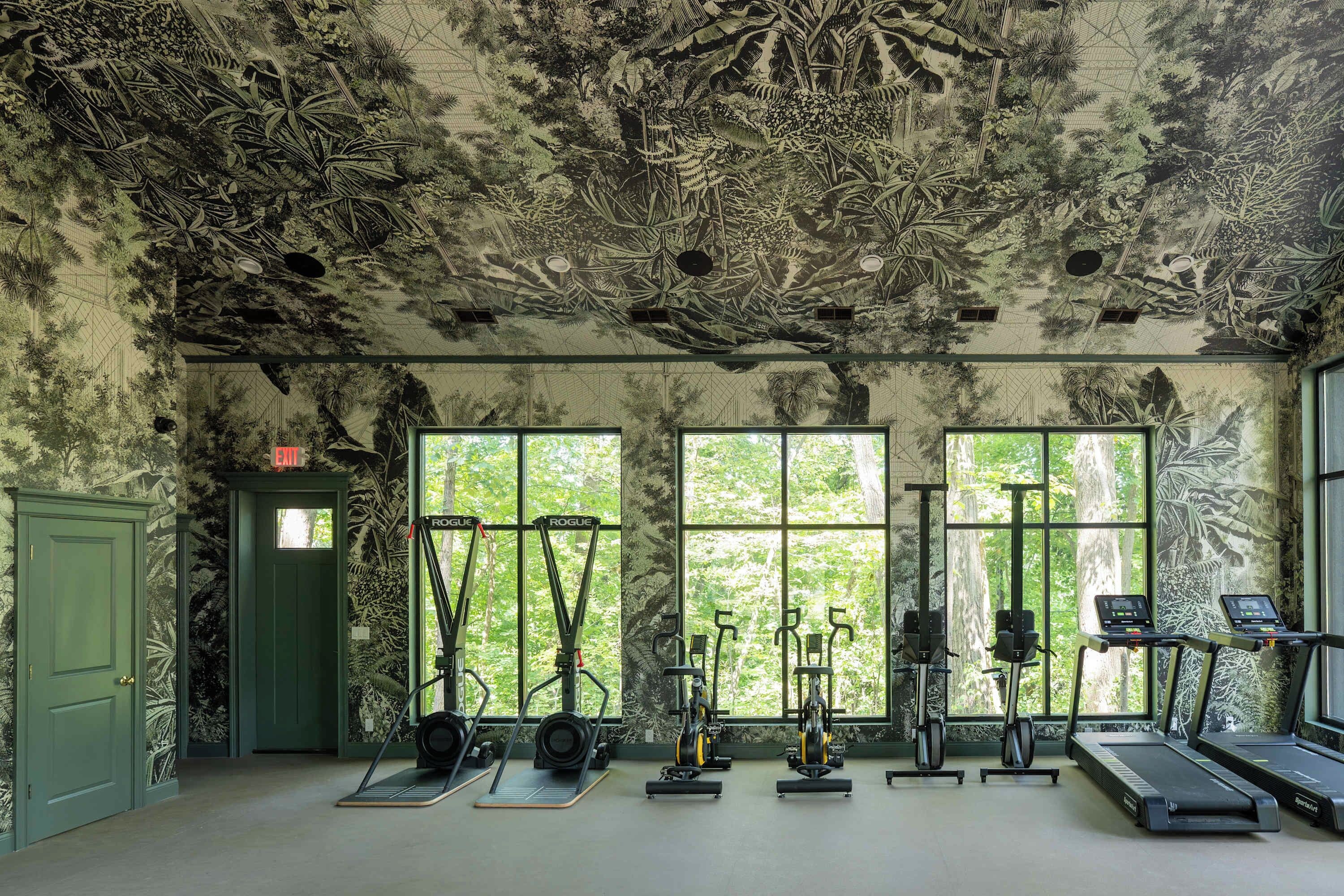 Una palestra con cyclette, tapis roulant e attrezzi per l'allenamento, caratterizzata da ampie finestre e un soffitto decorato con un murale a tema naturalistico.