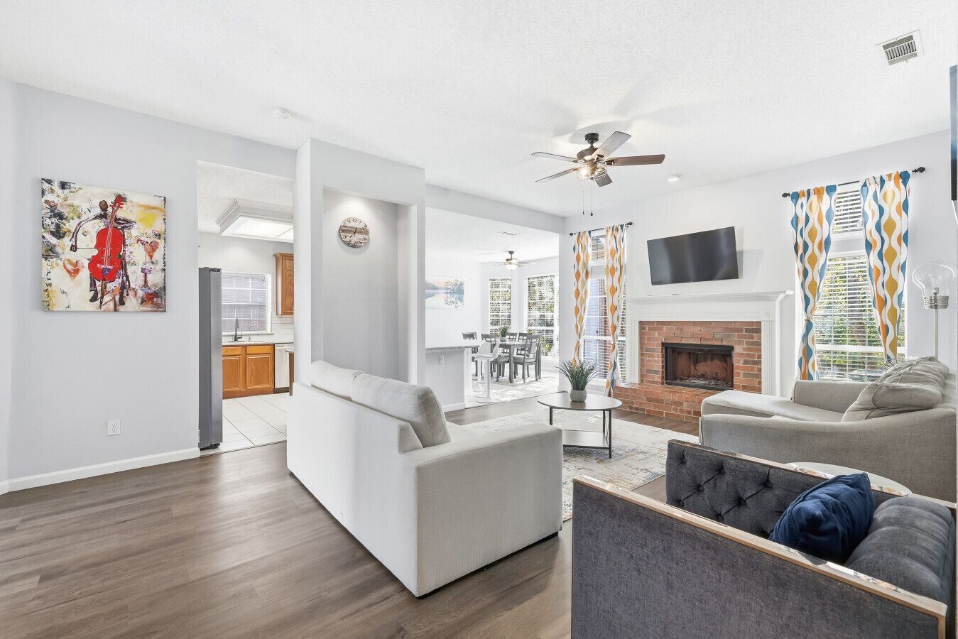 TV, fireplace, stereo, printers