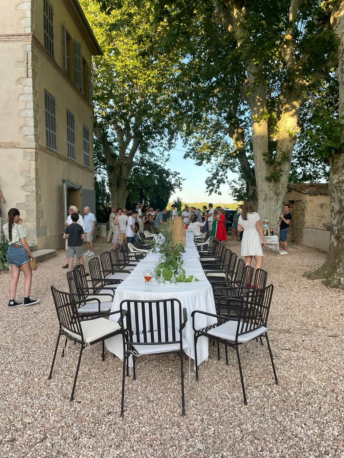 An outdoor dining area with a long table set for guests, surrounded by chairs, and a building on one side.