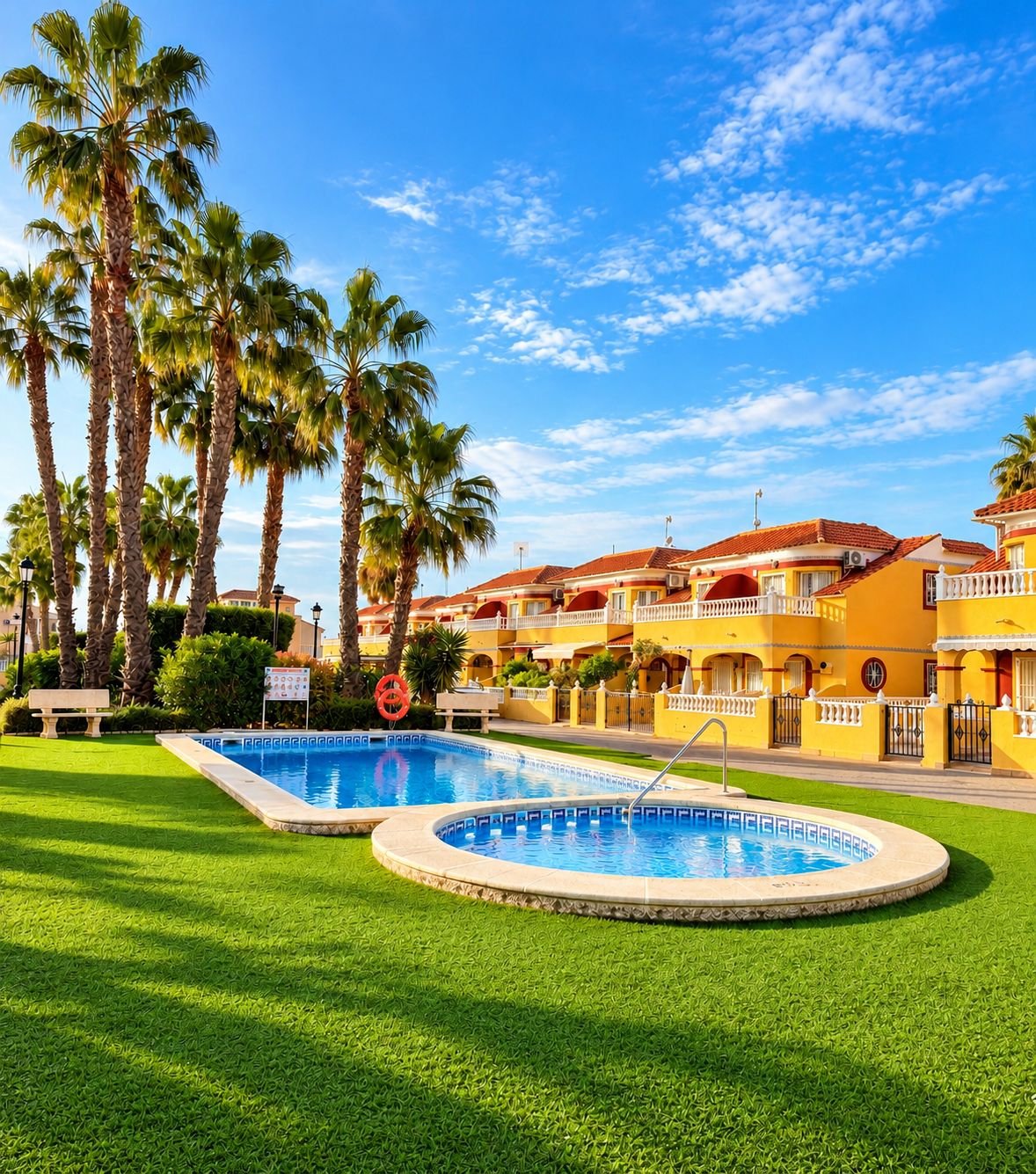 Ein Hotel mit Schwimmbad, Palmen und blauem Himmel.