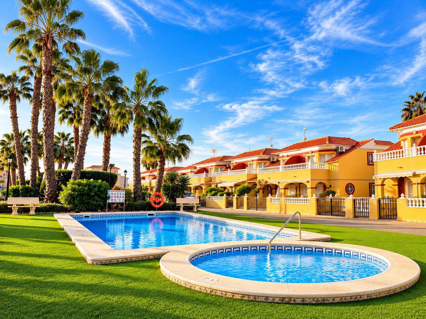 Una piscina con una sección circular, rodeada de césped cuidado, palmeras y una hilera de edificios amarillos con balcones.