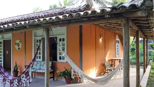A covered outdoor area with a hammock, a wooden bench, and a potted plant.