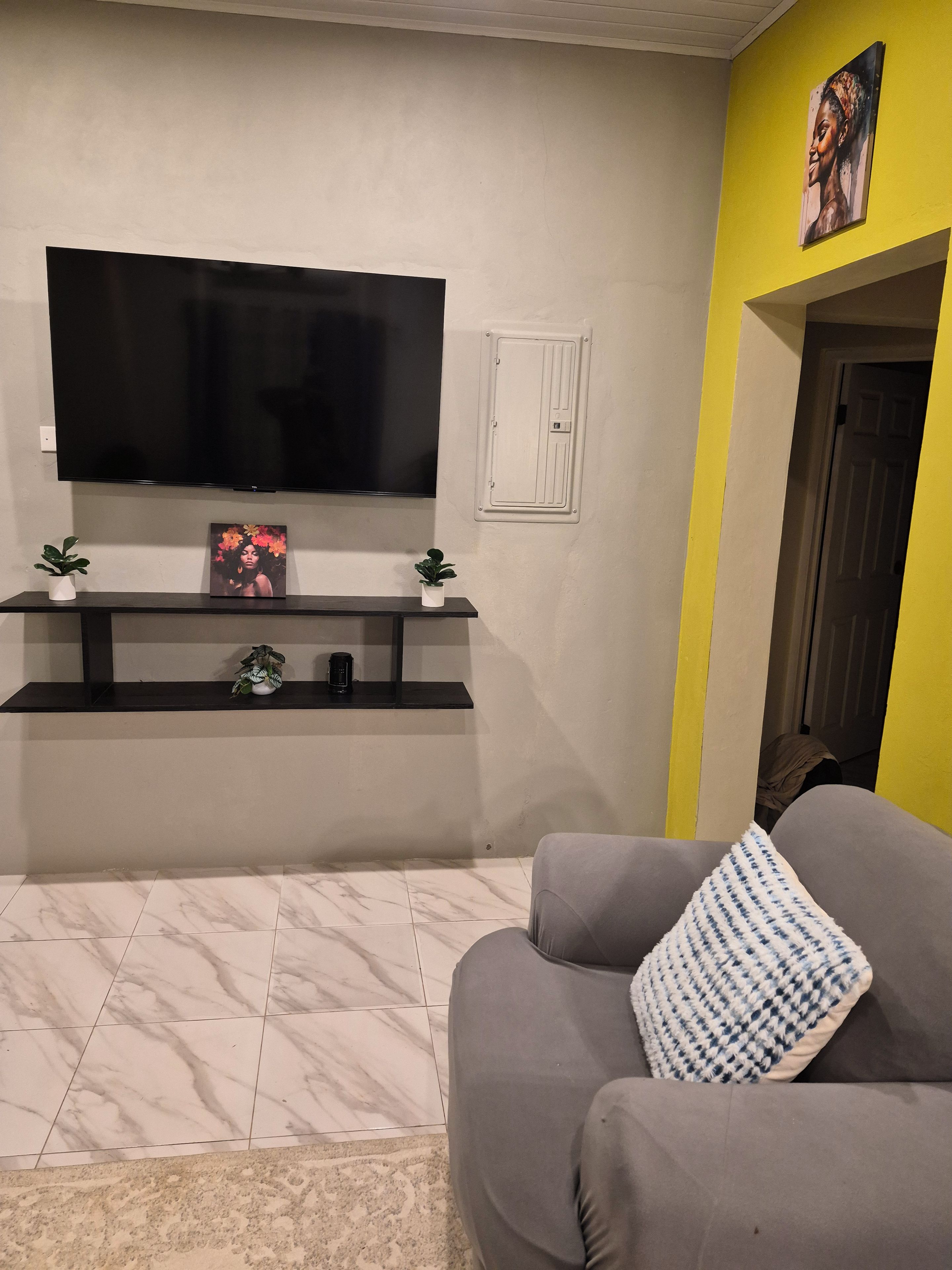 Sala de estar com televisão de tela plana na parede, sofá com almofada estampada, uma pequena planta em uma prateleira e porta que dá para outro cômodo.