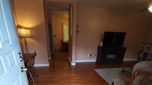 Een woonkamer met houten vloeren, een televisie, een open haard en een deur naar een andere kamer.