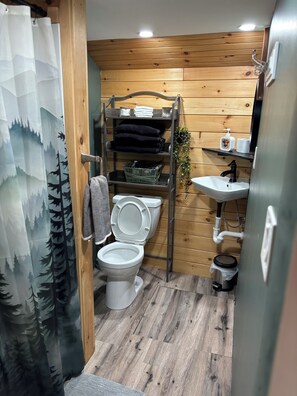 Een kleine badkamer met toilet, wastafel en een plank met handdoeken.