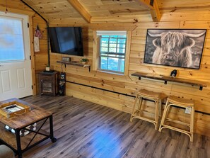 Interior de una cabaña con televisor, paredes de madera, una ventana y una trona.