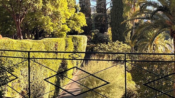 A garden with neatly trimmed hedges, tall trees, and a clear sky. - Studio Cannes, 350 m from the sea (Cannes)