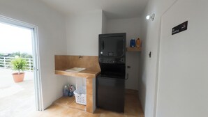 Una kitchenette compacta con horno empotrado y microondas, un lavamanos pequeño y una planta en maceta.