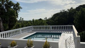 A rectangular pool with a white balustrade, surrounded by potted plants and a decorative metal gate. - Superstar Living : Beautiful 3-Bed Room Suite with Balcony and Sea View (Treasure Beach)