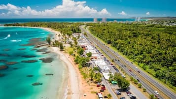 A coastal road with a beach on one side and a dense forest on the other.