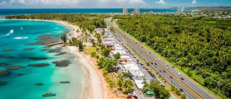 A coastal road with a beach on one side and a dense forest on the other.