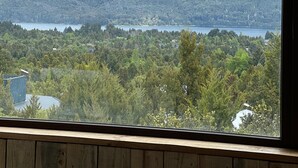 Vista desde una ventana sobre un paisaje montañoso con un lago y un bosque denso.