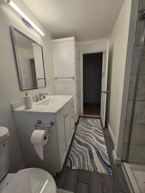 Douche, sèche-cheveux, serviettes fournies, savon