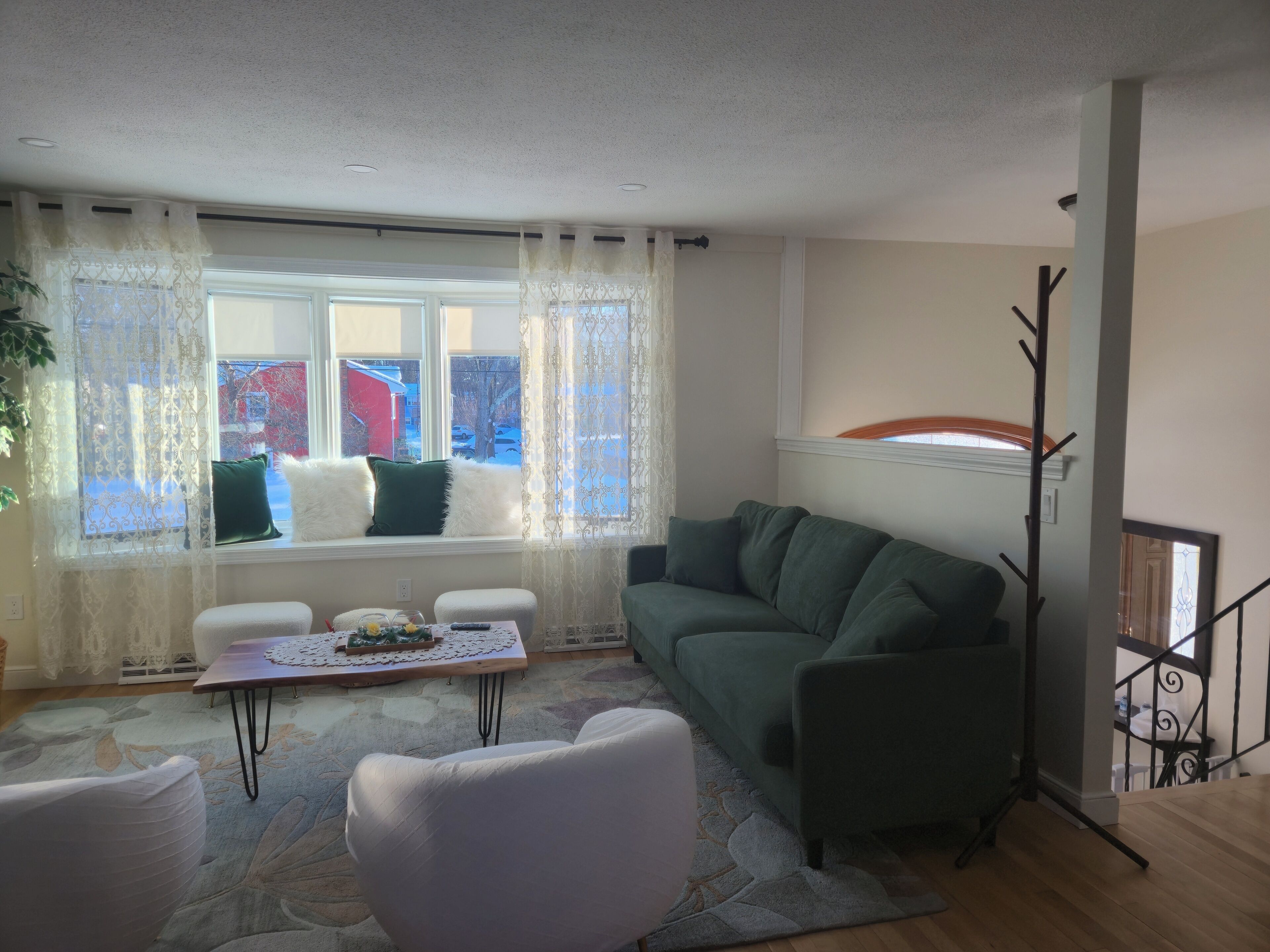 Smart TV, fireplace, books