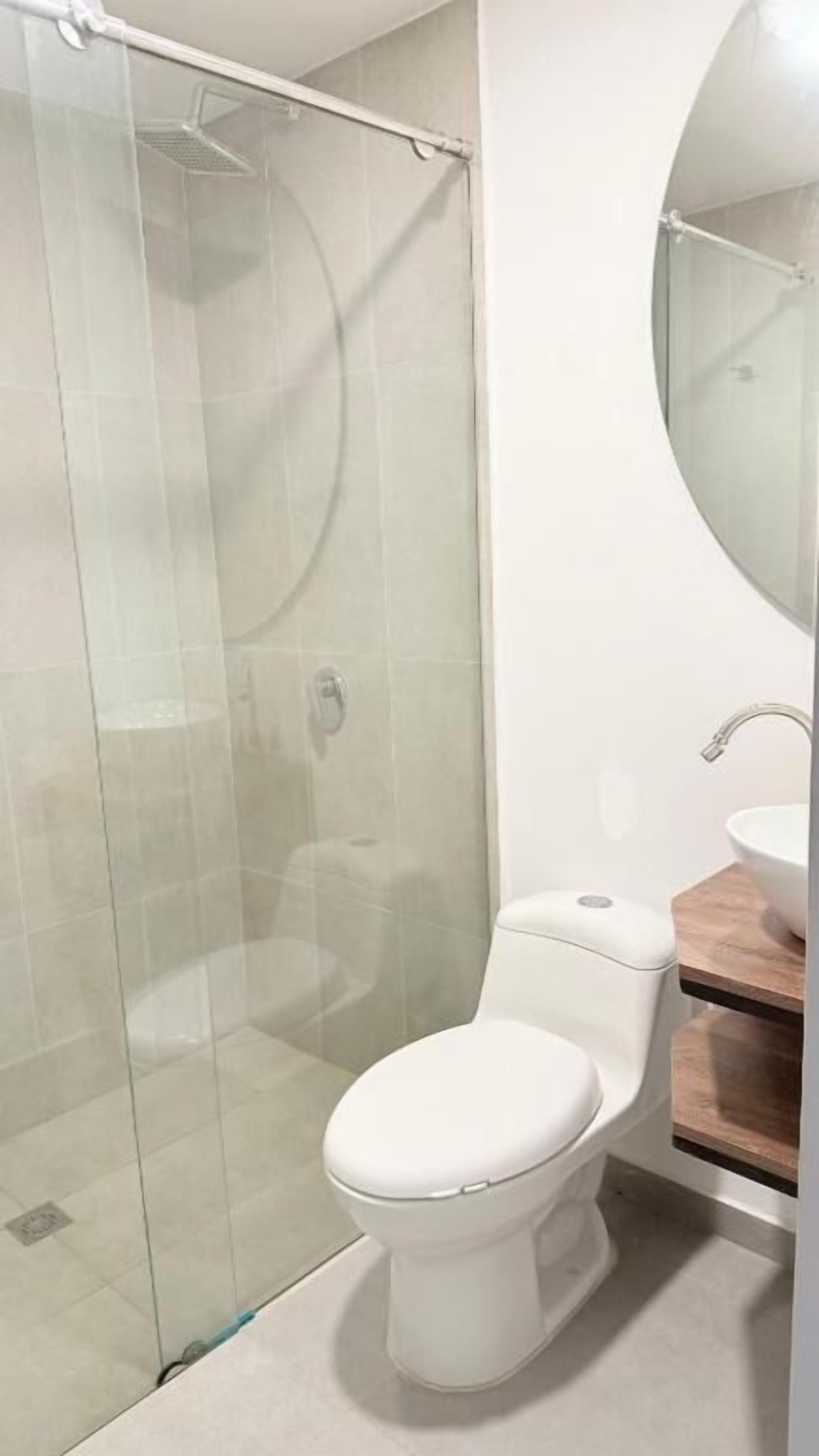 A modern bathroom with a glass shower enclosure, a white toilet, and a wooden vanity with a sink.