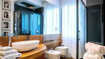 Shower, hair dryer, bidet, towels