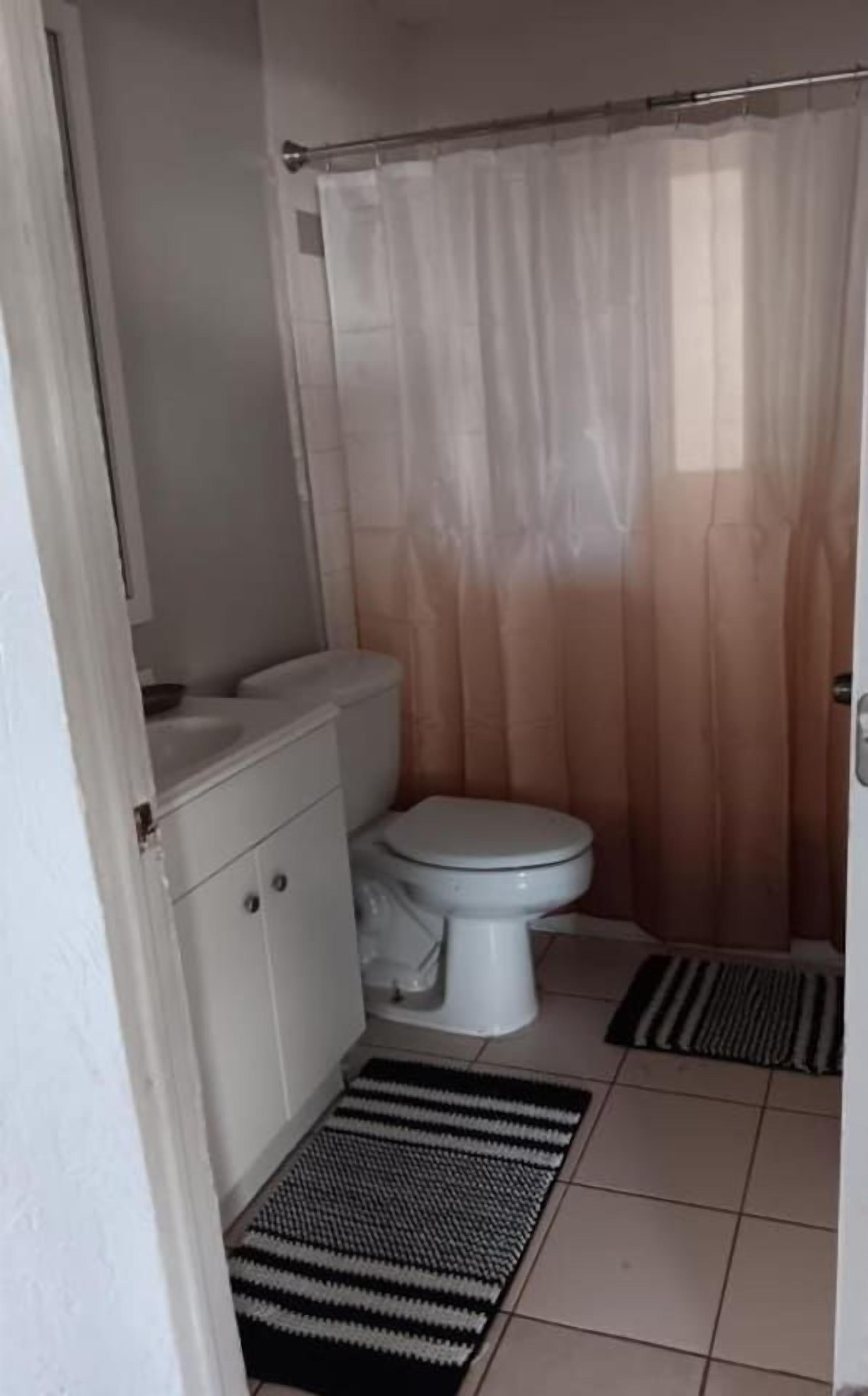 A bathroom with a toilet, a sink, and a shower curtain.
