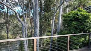 A wooden deck with a metal railing overlooking a forested area.