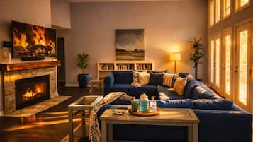 Un salon chaleureux avec une cheminée, un canapé bleu, une bibliothèque et un tableau accroché au mur.