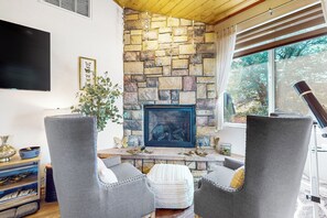 Televisión, chimenea y reproductor de DVD