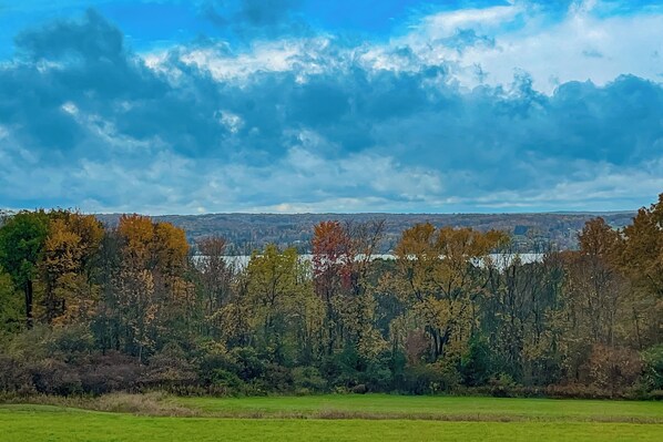 A landscape with a field, trees, and a body of water in the distance. - Chautauqua Lake Views! Bemus Point Getaway (Bemus Point)