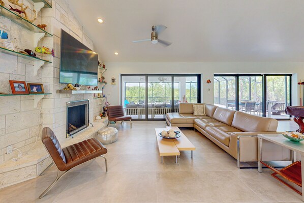 TV, fireplace, table football, books