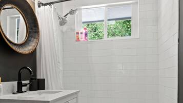 Hair dryer, towels, soap, toilet paper