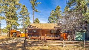 Une cabane rustique avec une façade en bois, une véranda et une cour clôturée.
