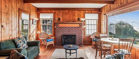 TV, fireplace, books