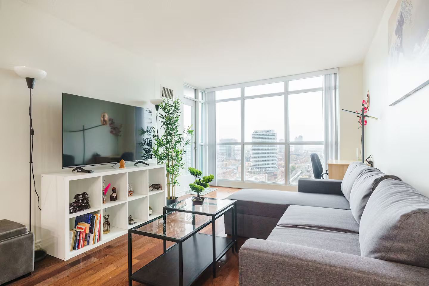A modern living room with a large window, a flat-screen TV, a sofa, a bookshelf, and a coffee table.