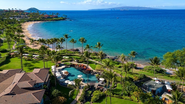 Un resort con una grande piscina, palme e vista sulla spiaggia.