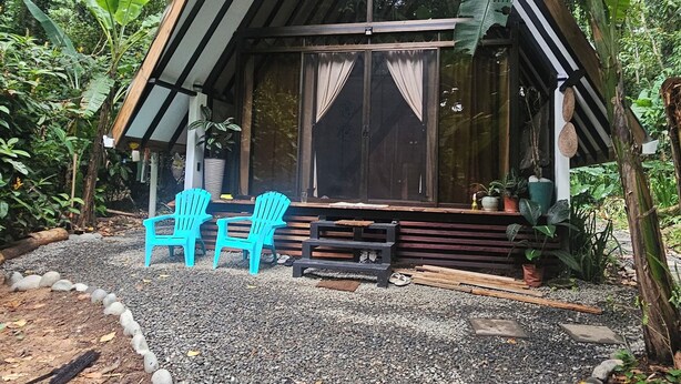 Una casa in legno rustica con tetto spiovente, immersa nel verde e circondata da un vialetto sterrato.