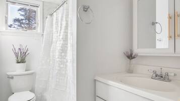 Combined shower/tub, free toiletries, hair dryer, towels