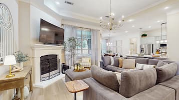 Télévision, cheminée, lecteur de DVD