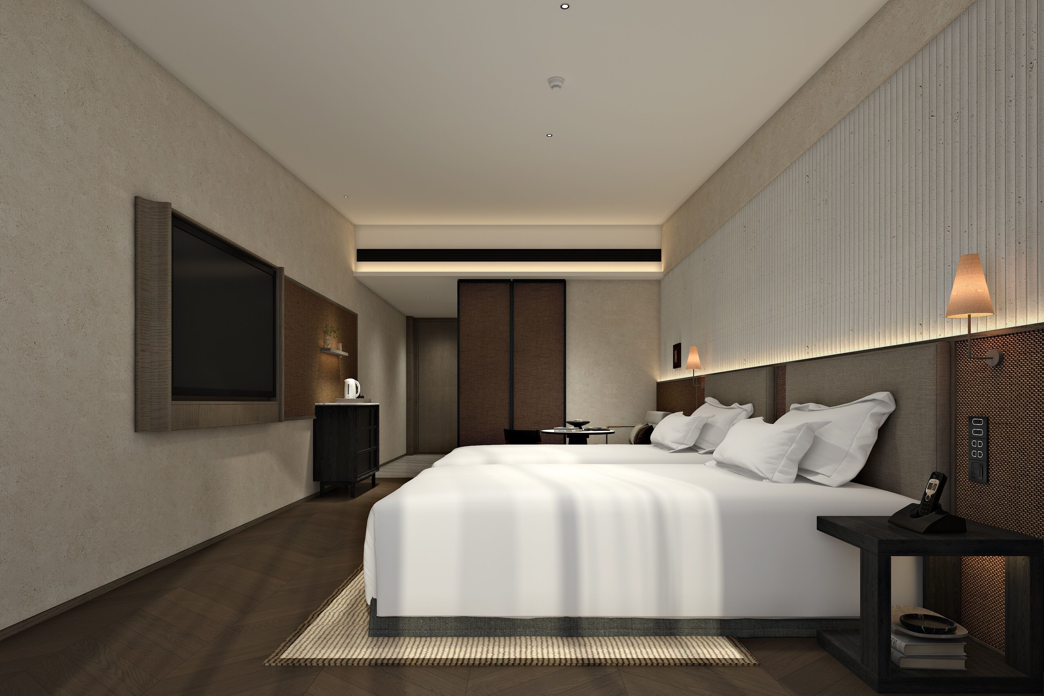 Quarto duplo família | Roupas de cama premium, cofres nos quartos, escrivaninha