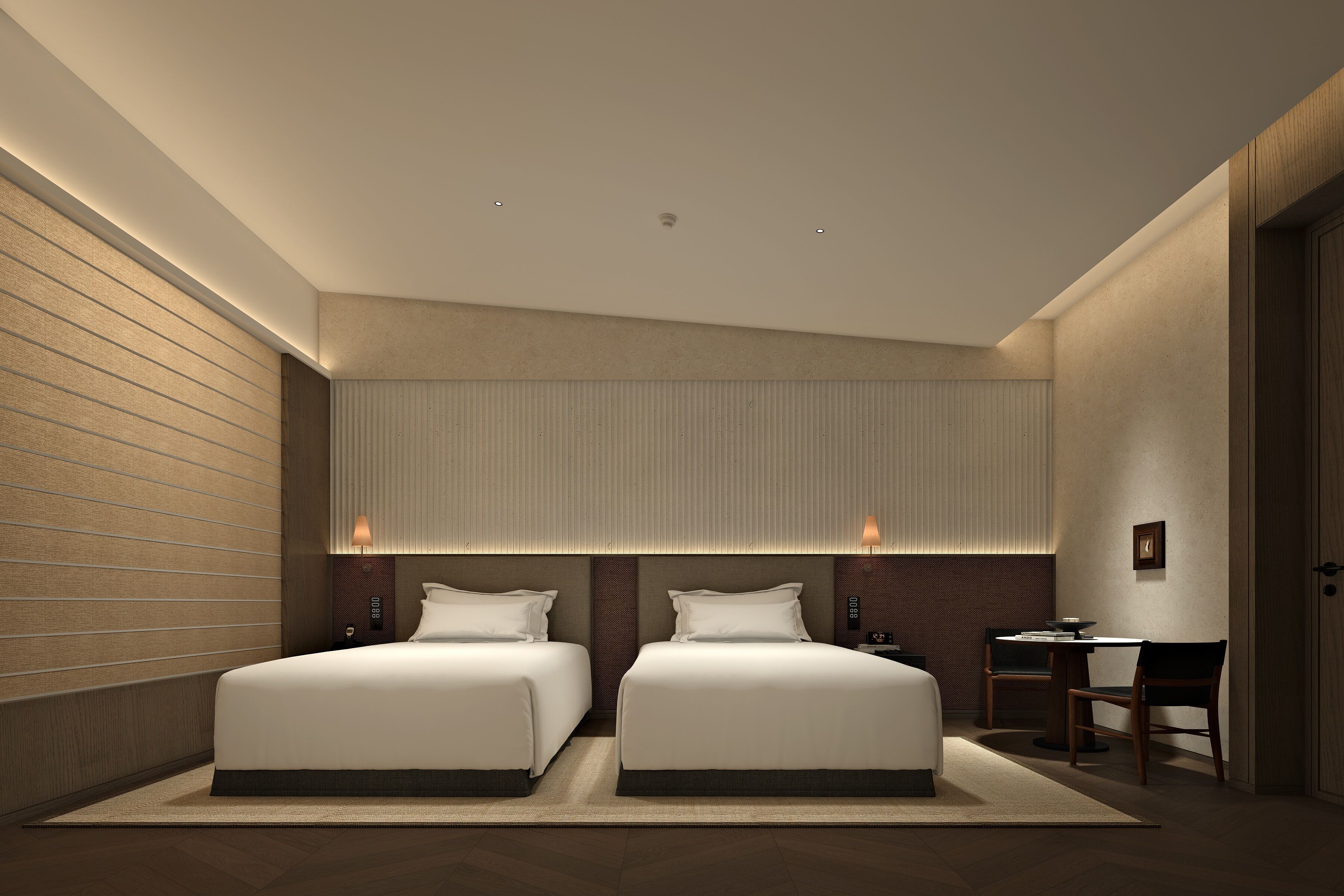 Roupas de cama premium, cofres nos quartos, escrivaninha