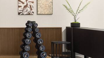 Une pièce moderne avec un porte-haltères fixé au mur, une petite plante en pot et deux tableaux abstraits.