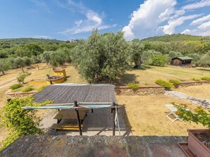 A rustic outdoor area with a wooden table, a hammock, and a small shed.