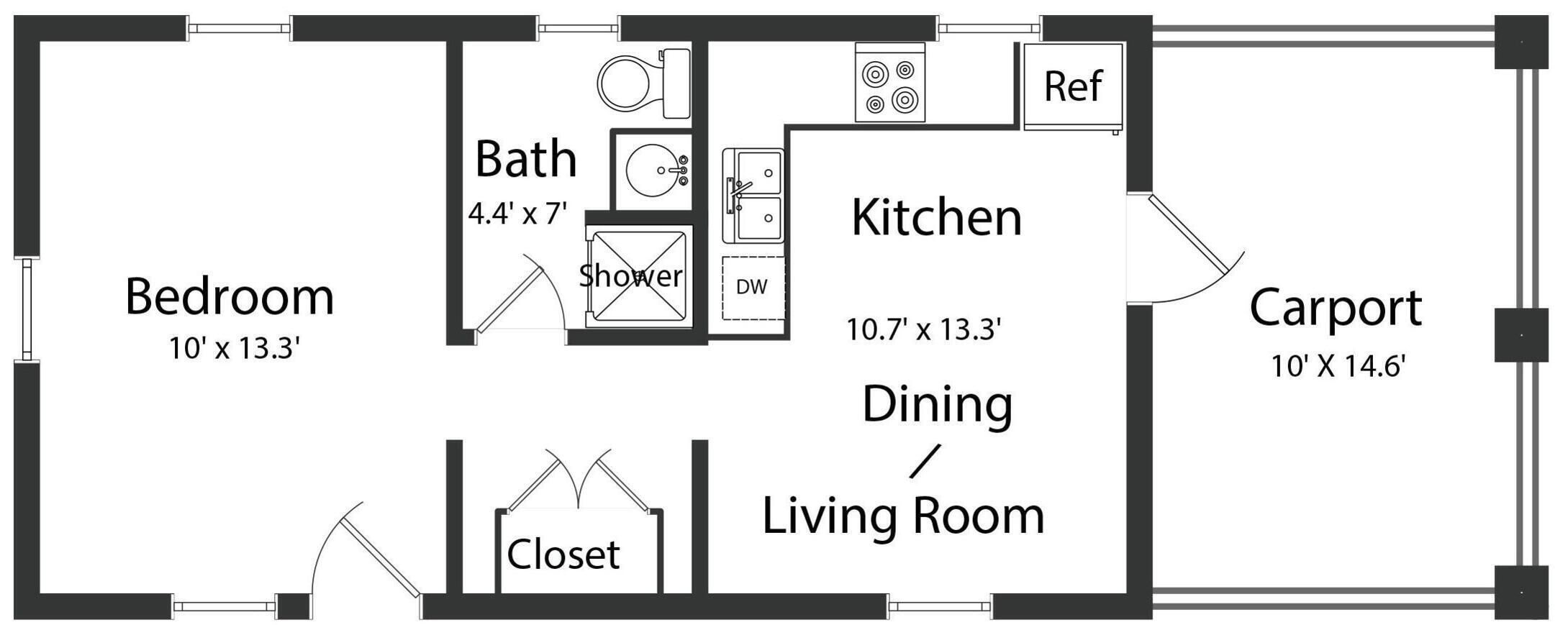 A floor plan with a bedroom, bathroom, kitchen, dining/living room, closet, and carport.