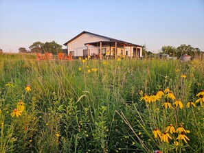Um edifício grande em estilo de celeiro com varanda, cercado por um campo de flores silvestres.