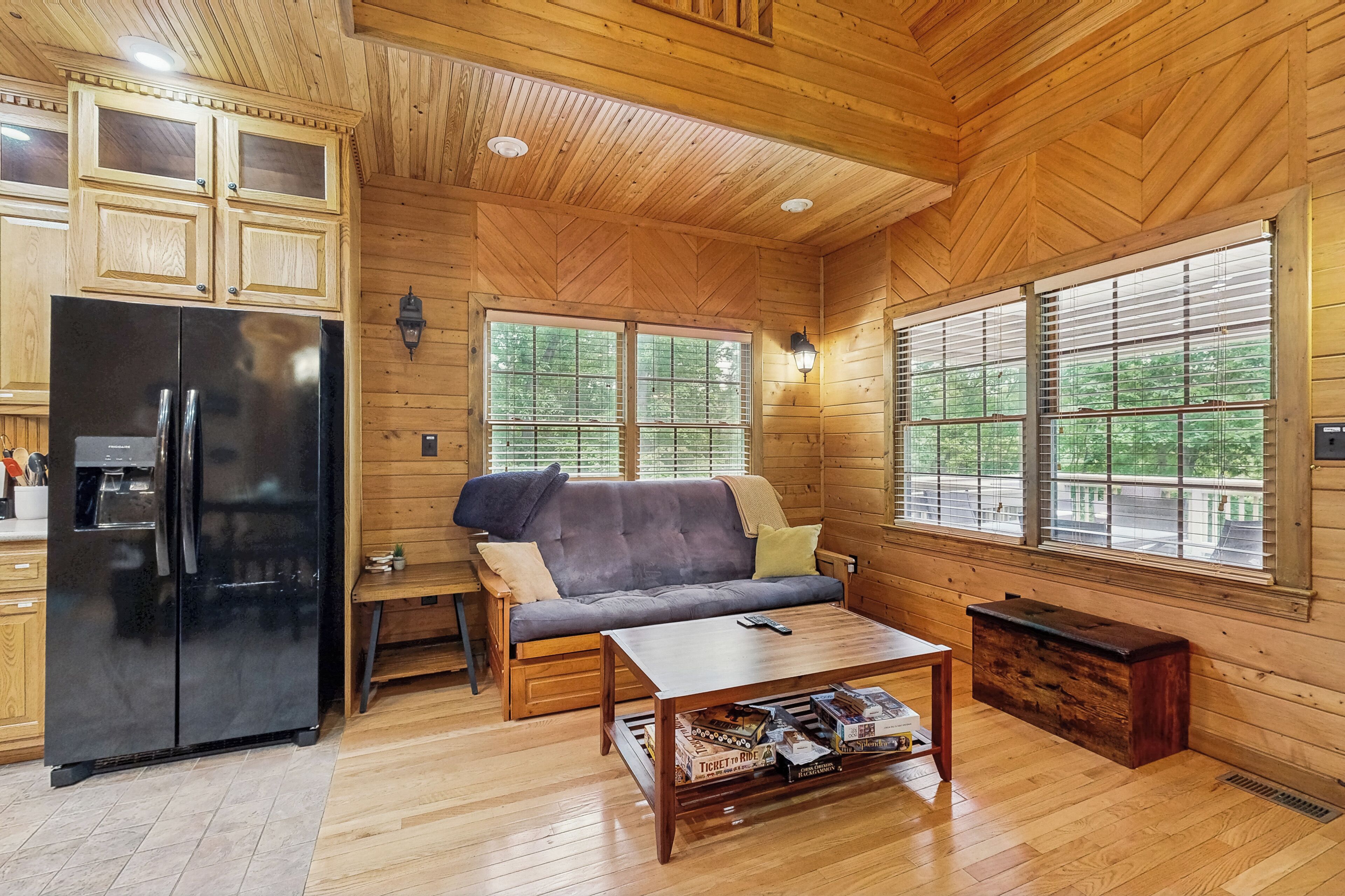 TV, fireplace, books