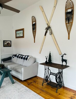 TV, fireplace, DVD player, books - Historic Charm- ADK Farmhouse w/Hot Tub, Pond View & walkable to Chestertown. (Chestertown)