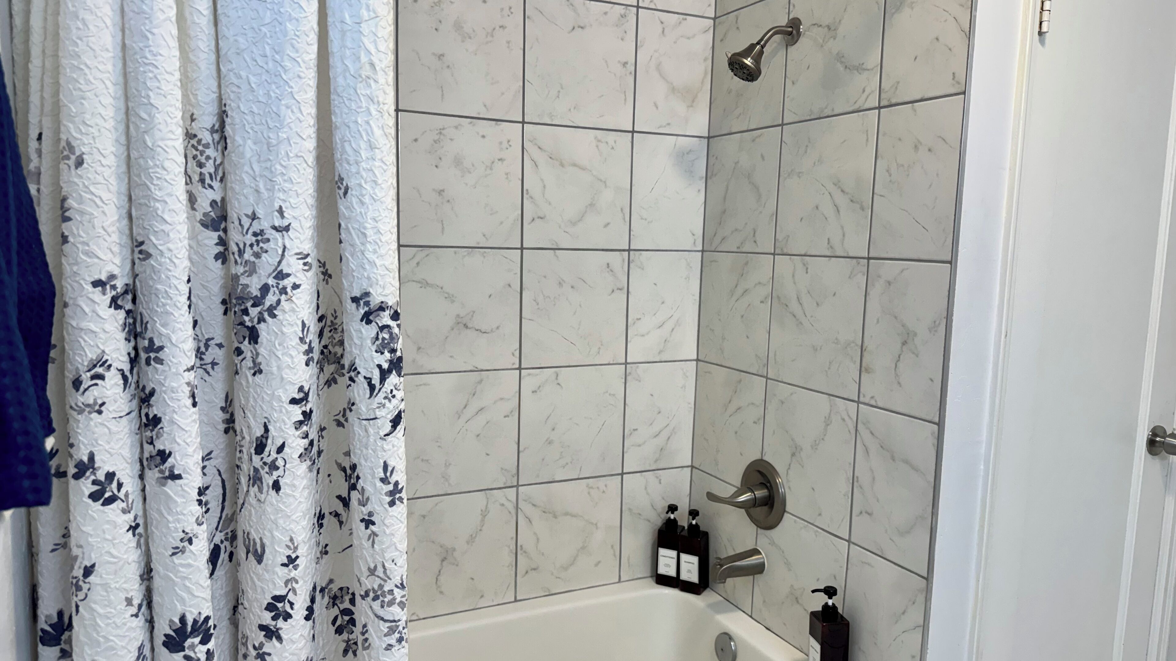 Hair dryer, towels, soap, toilet paper