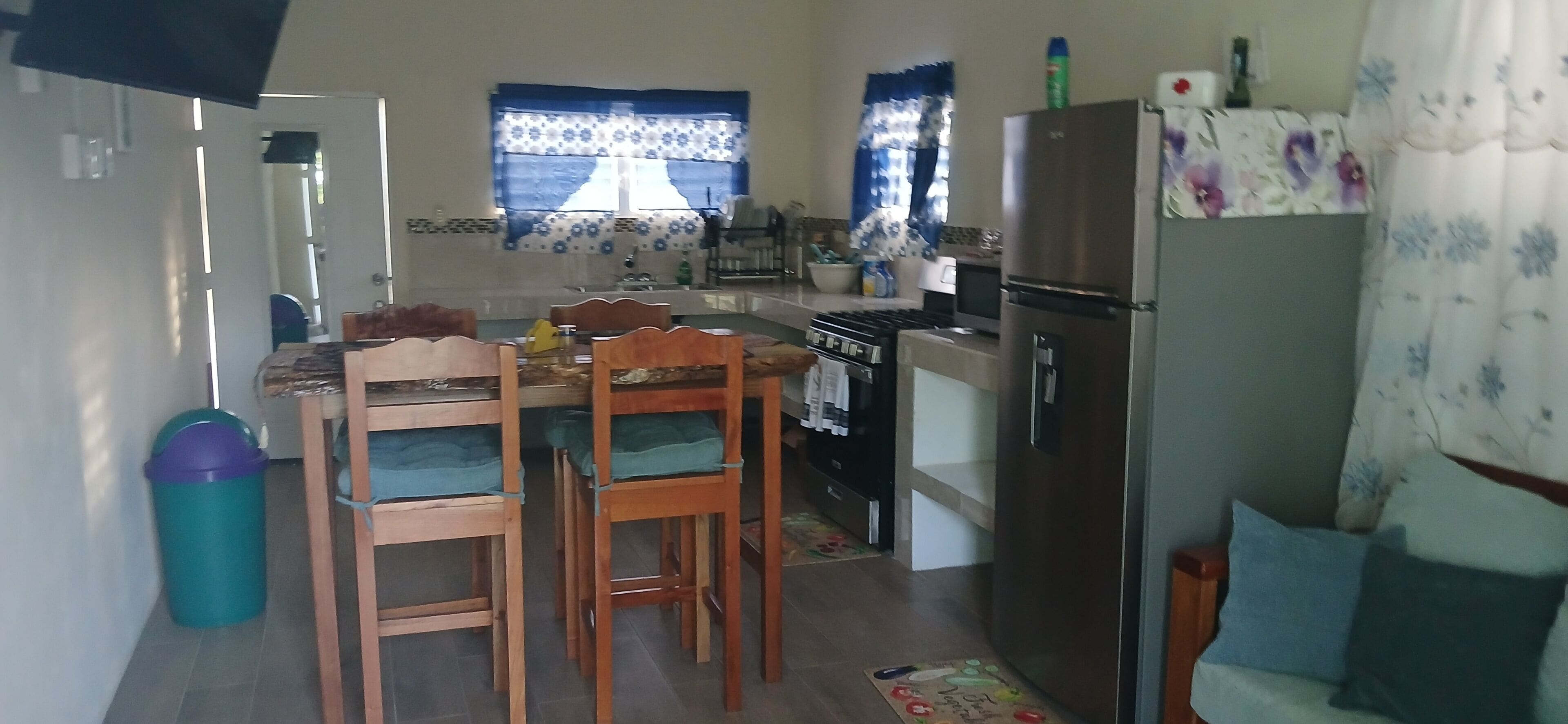 Fridge, microwave, stovetop, cookware/dishes/utensils