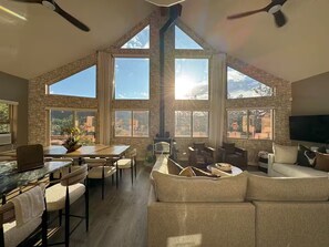 Smart TV, fireplace, foosball, books