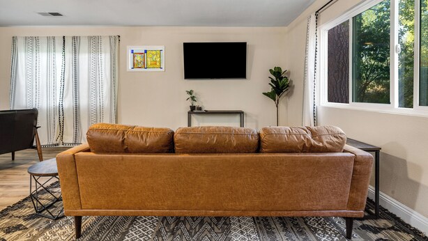 A living room with a brown sofa, a flat-screen TV, a small table with a plant, and a window with a view of trees. - Buckthorn Beauty: Private Hot Tub & Lounge Space (Pine Valley)