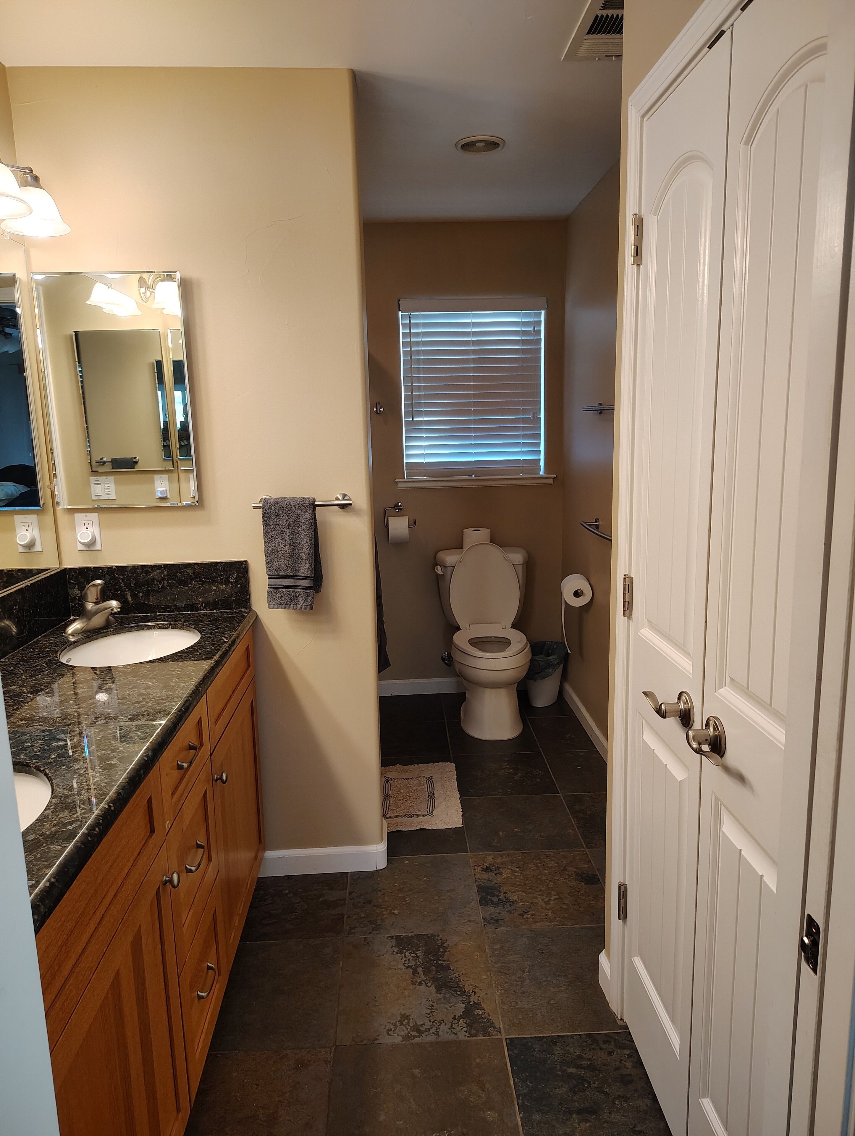 Shower, towels, soap, toilet paper