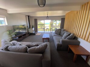 Een smart-tv, een open haard, een tafeltennistafel en boeken