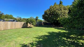 A backyard with a wooden fence, a lawn, and trees.