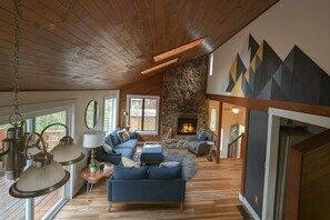 Smart TV, caminetto, libri, monitor per computer